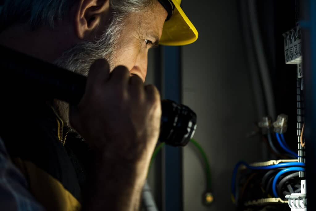 Electrician with a flashlight checking wiring