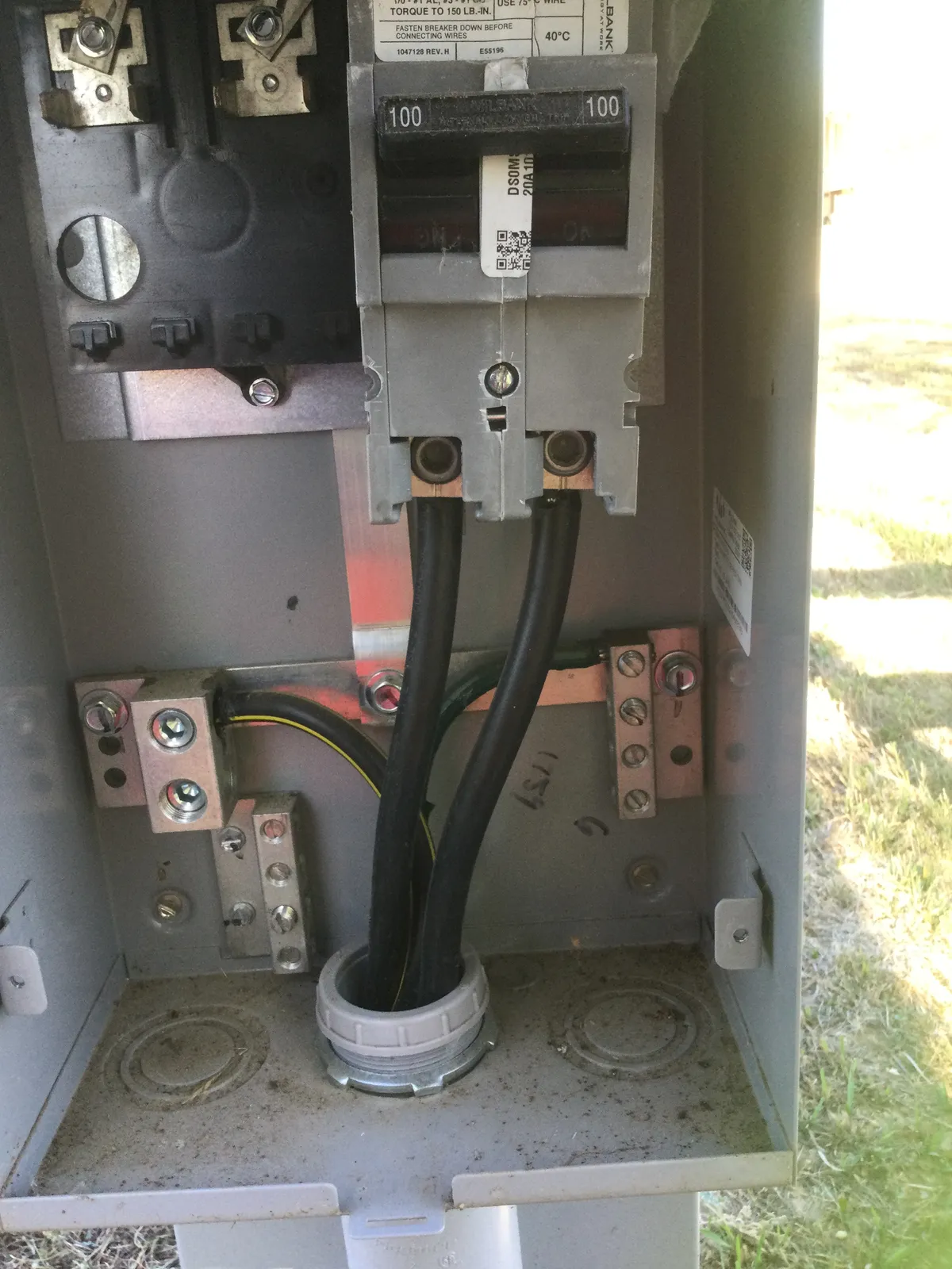 Outdoor disconnect box with new service wires, Northern Colorado